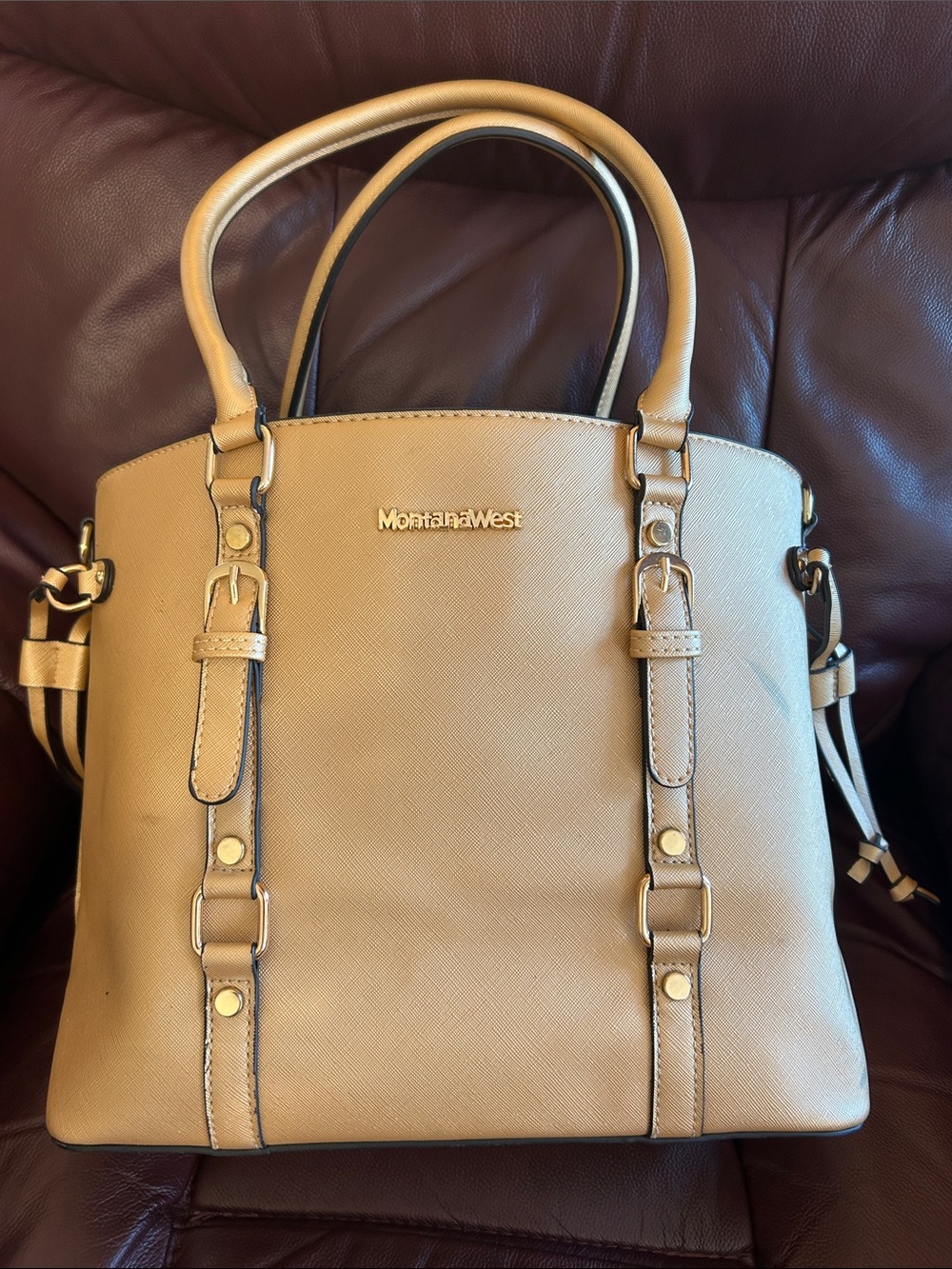Montana West Beige/Tan Dual-Handle Satchel with Buckle Accents